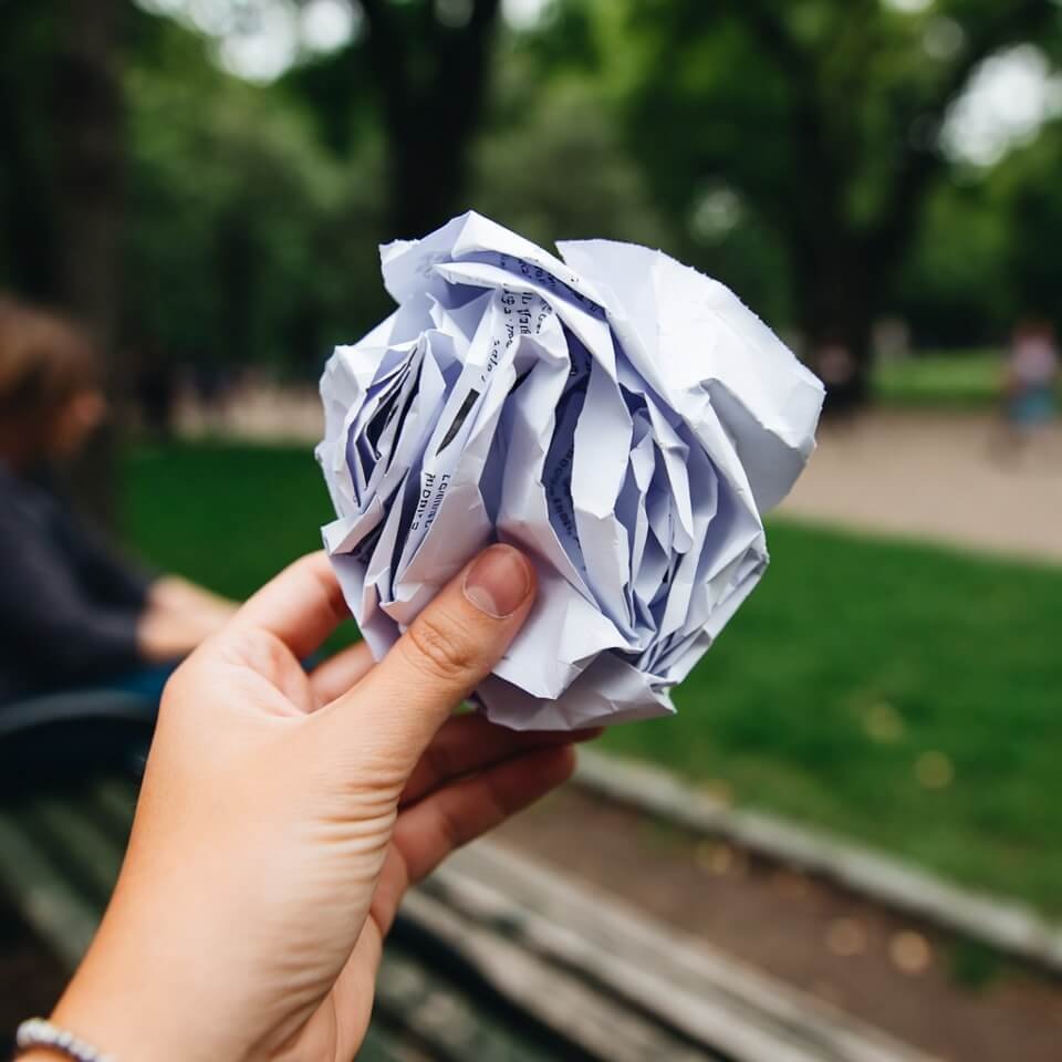 Crumpled rejection letter in hand, Central Park bench