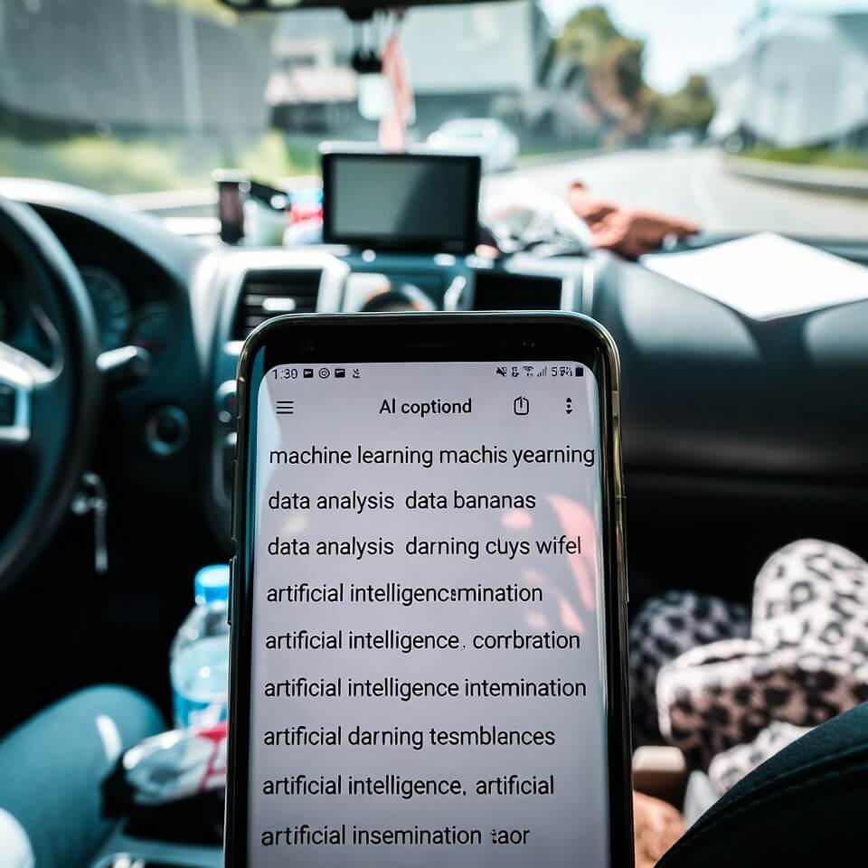 Phone screen with funny AI caption errors in car