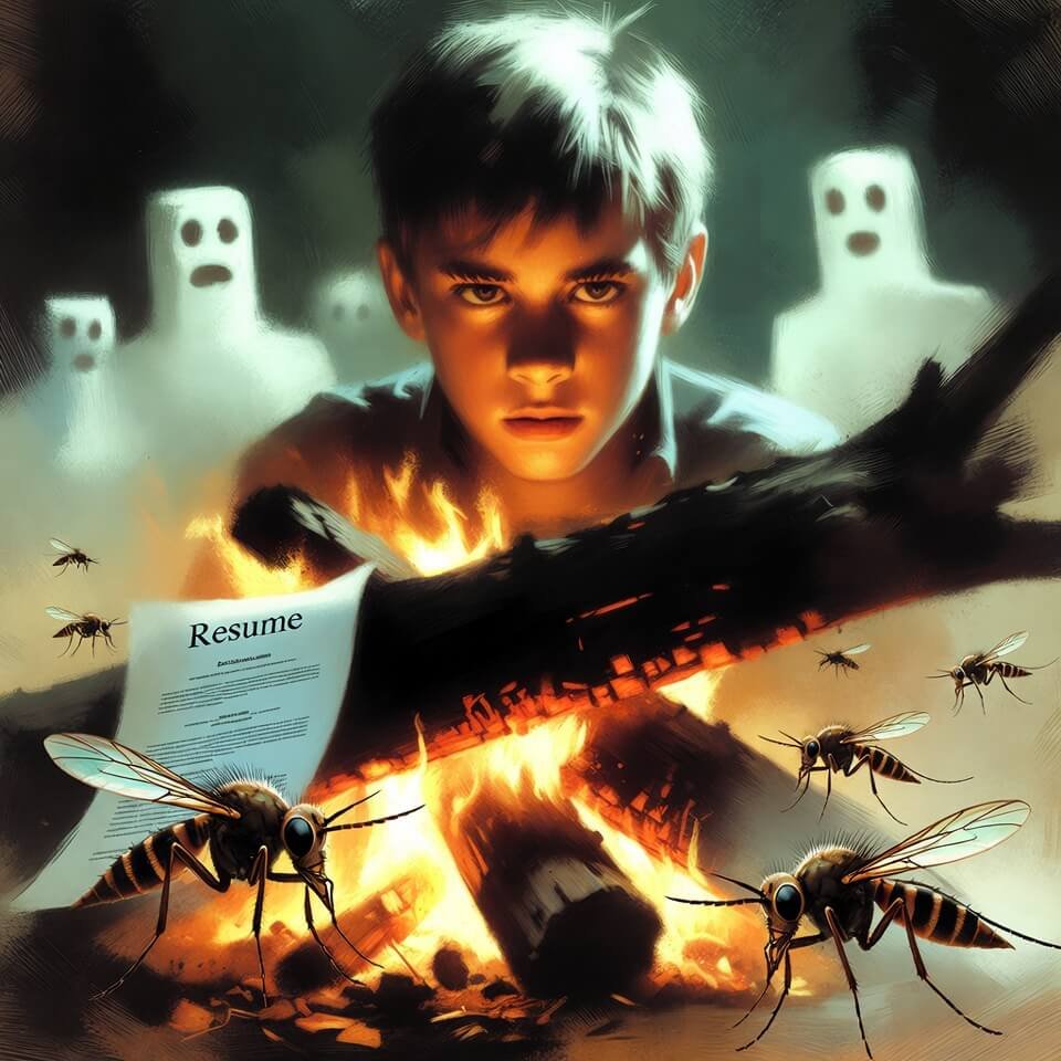 Singed-eyebrow teen at campfire with ghostly s'mores and mosquitoes