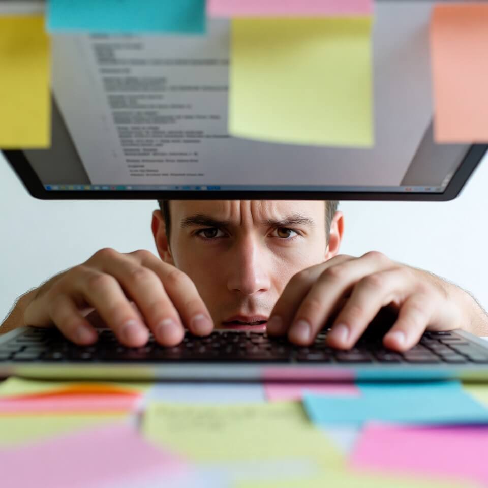 Frustrated typing on laptop surrounded by sticky notes