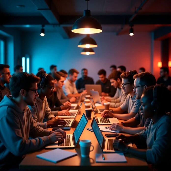 Diverse coders collaborating late-night in bootcamp