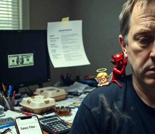 Where to Find Entry-Level Jobs That Actually Pay Well Messy desk with floating resume and shoulder devil