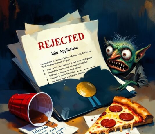 10 Interview Tips Every Student Should Know Before Graduation Crumpled diploma buried in rejections, pizza, and anxiety gremlin