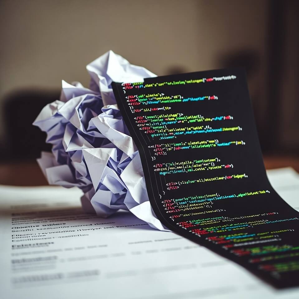 Crumpled resume morphing into pixelated code