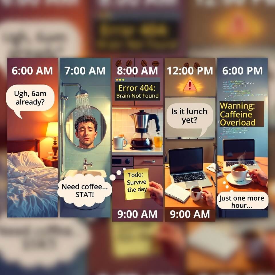 Blurry caffeine-fueled bootcamp day timeline with errors